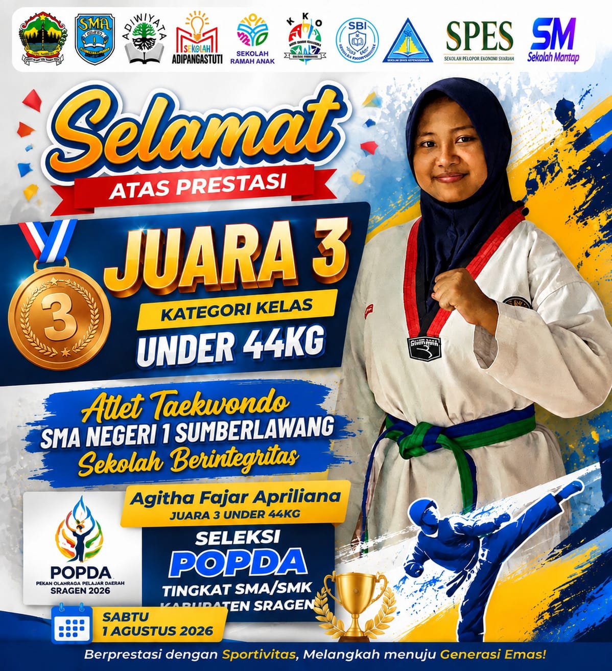 Agitha Fajar Apriliana Raih Juara 3 Taekwondo Kelas Under 44KG di POPDA Sragen 2026
